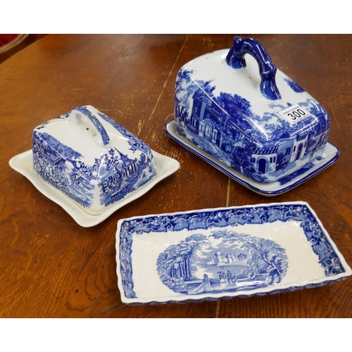 300 - Blue & white cheese dish, butter dish & entre dish to include Mason's