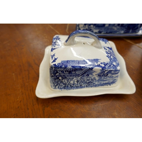 300 - Blue & white cheese dish, butter dish & entre dish to include Mason's