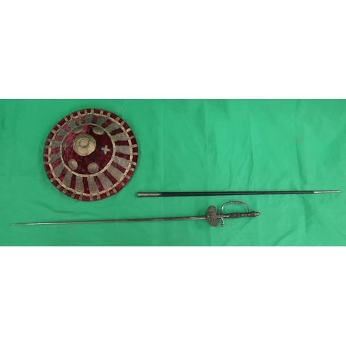 71 - Antique bejewelled folded steel sword & shield