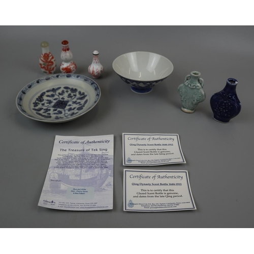 75 - Collection of early Chinese porcelain to include Qing dynasty scent bottles & Sing dynasty plate