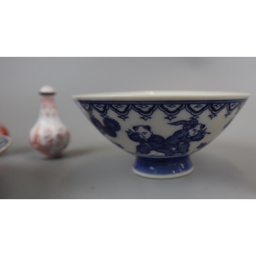 75 - Collection of early Chinese porcelain to include Qing dynasty scent bottles & Sing dynasty plate