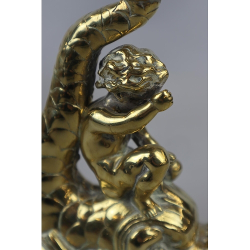 86 - Pair of late 19thC brass Putto Cherub on dolphin candlesticks - Approx. H: 18.5cm