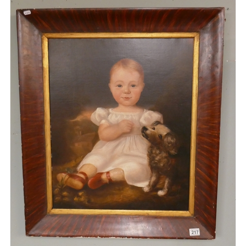 217 - Patrick G Smith 19thc antique oil on canvas - Girl with dog - Approx. IS: 54cm x 66cm