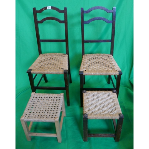 506 - Pair of rope seated bedroom chairs and two stools