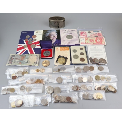 77 - Collection of coins and notes to include Lloyds Bank piggy bank