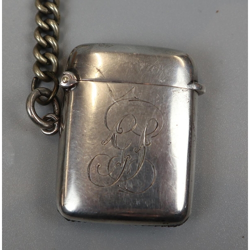 12 - Hallmarked silver vesta case on white metal chain