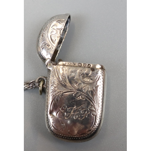 5 - Hallmarked silver vesta case on silver albert chain & silver whiskey decanter collar