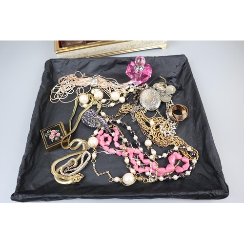 64 - Collection of costume jewellery to include jewellery box & Mulberry purse