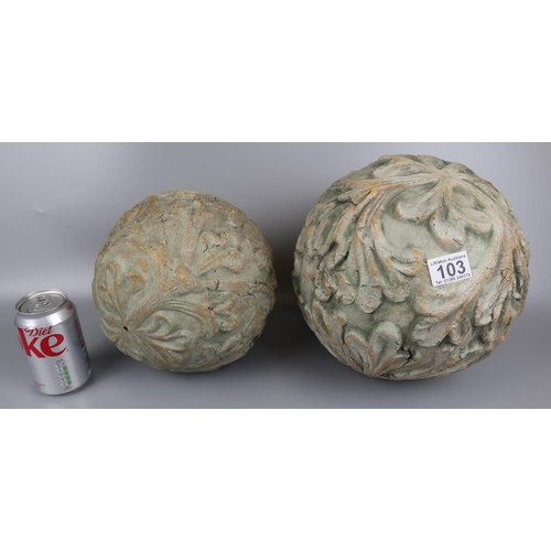 103 - 2 terracotta moulded spheres - Approx. D of biggest: 25cm