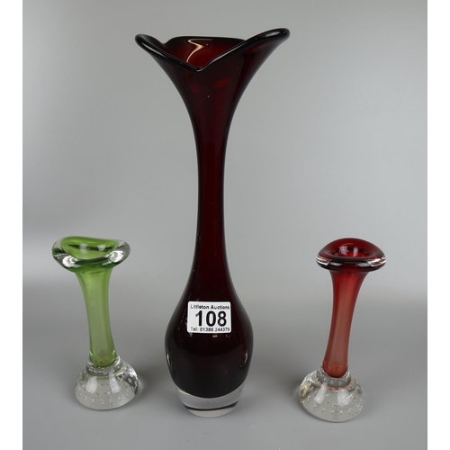 108 - 2 Scandinavian bud vases and a ruby tulip vase