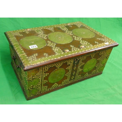 223 - Early oak and brass decorated fitted box