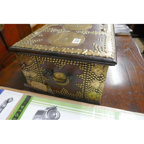 223 - Early oak and brass decorated fitted box