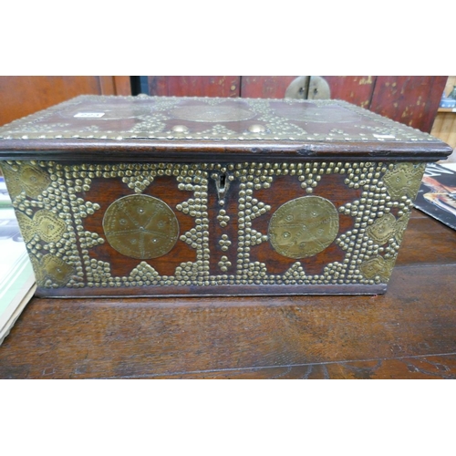 223 - Early oak and brass decorated fitted box