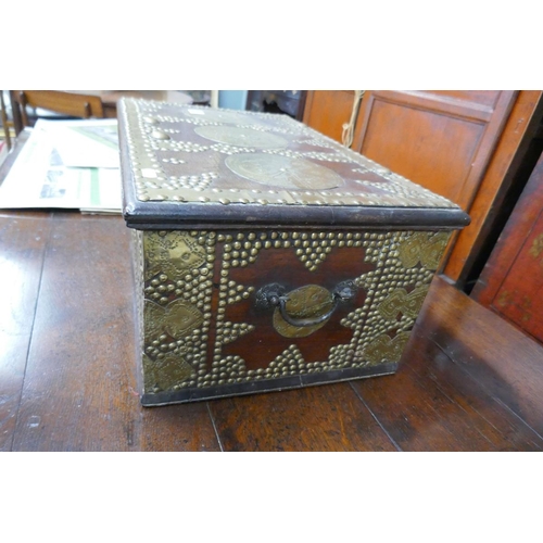 223 - Early oak and brass decorated fitted box