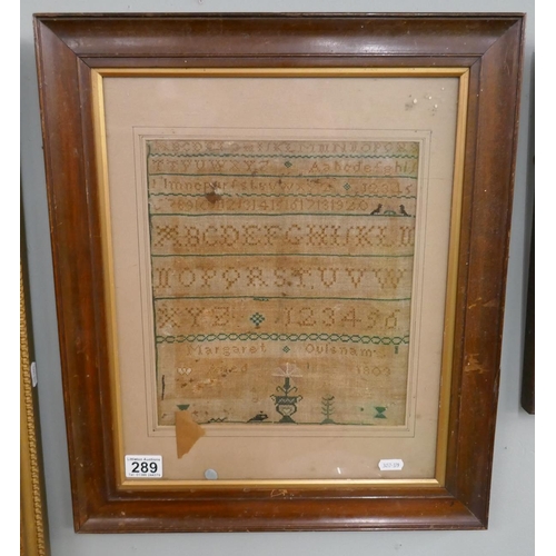 289 - Early framed sampler by Margret Oulsnam dated 1803 - Approx. IS 26cm x 29cm