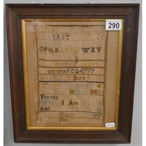 290 - Early framed sampler by Ann Ratcliff dated 1779 - Approx. IS 19cm x 26cm