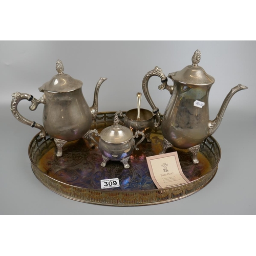 309 - Silver plate tea set on tray