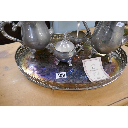 309 - Silver plate tea set on tray