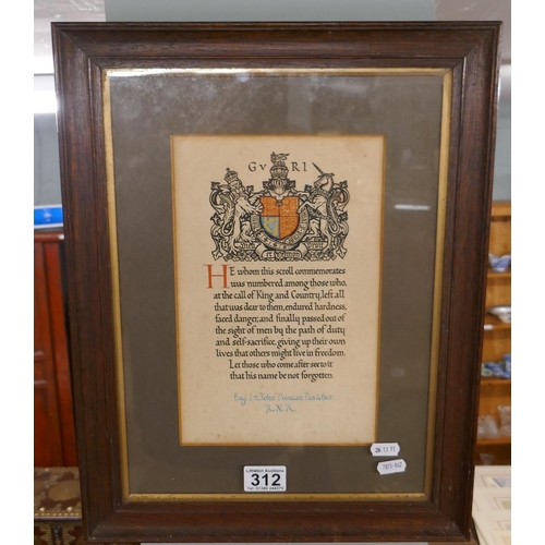 312 - Framed George V Great War certificate to Eng. Lt. John Duncan Davidson R.N.R