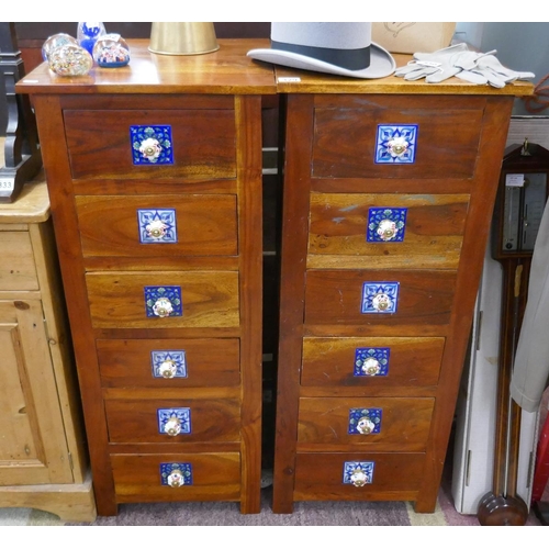 329 - Pair of hardwood bedside chests with ceramic handles - Approx. W:46cm D:45cm H:111cm