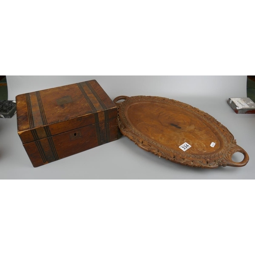 334 - Hand carved mahogany tray and inlaid writing box