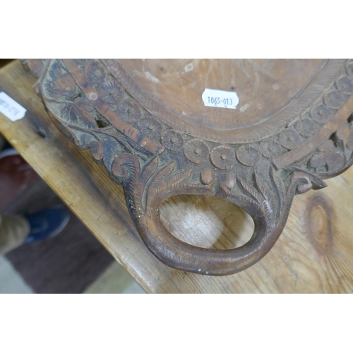 334 - Hand carved mahogany tray and inlaid writing box