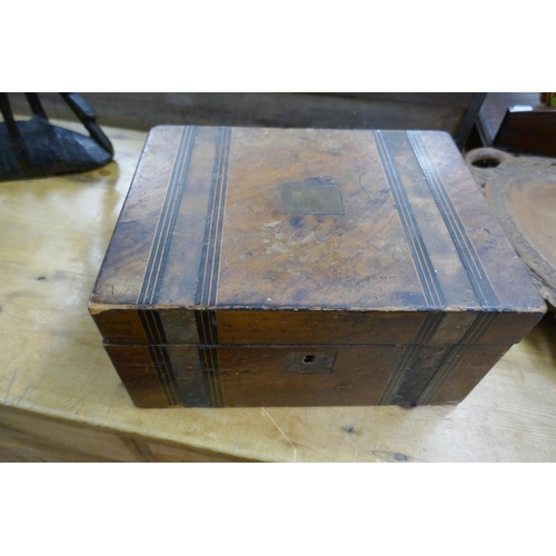 334 - Hand carved mahogany tray and inlaid writing box