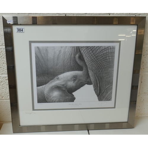 384 - Signed L/E print by Gary Hodges - Baby African elephant suckling