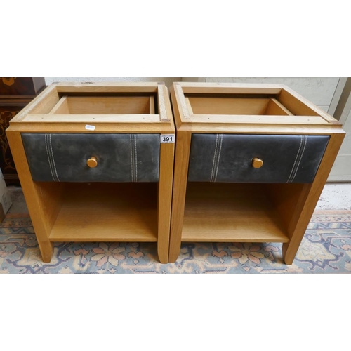 391 - Pair of oak and brown leather bedside tables without tops