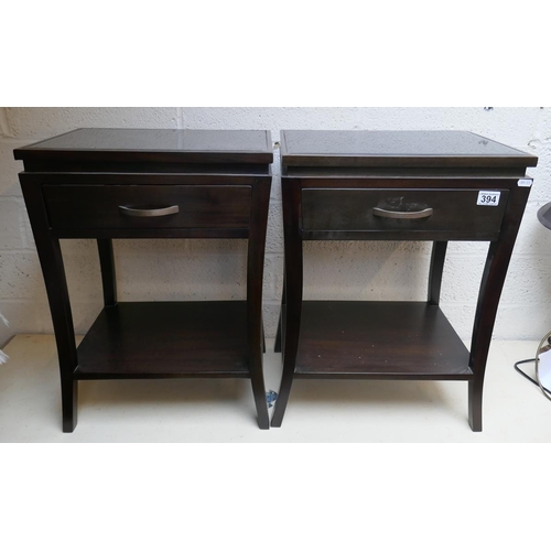 394 - Pair of bespoke dark stained hardwood bedside tables with curved legs and black glass tops - Approx.... 