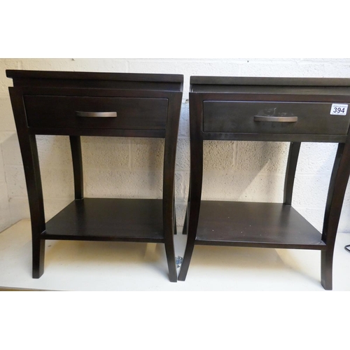 394 - Pair of bespoke dark stained hardwood bedside tables with curved legs and black glass tops - Approx.... 