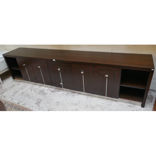 396 - Bespoke Mikasa ebony veneer media sideboard / unit with chrome trim - Approx. W:289cm D:50cm H:69cm