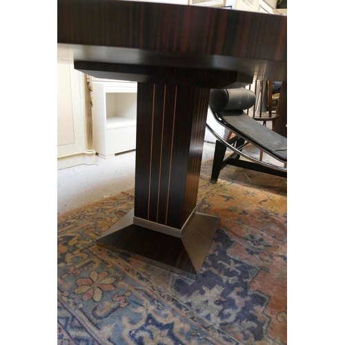 398 - Bespoke Mikasa ebony radial veneer with box wood inlay pedestal dining table - Approx. L:135cm H:74c... 