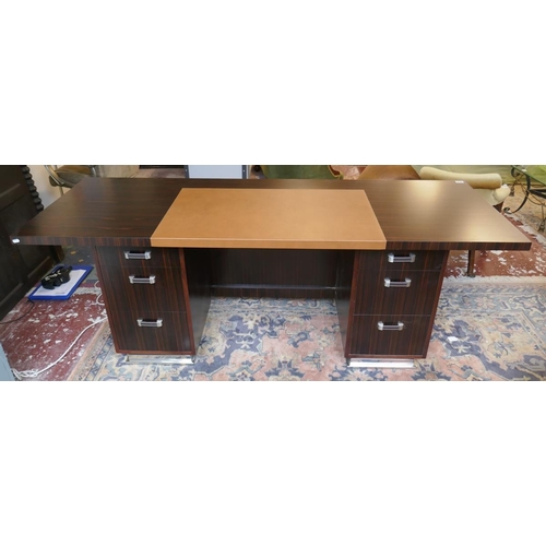 400 - Bespoke writing desk made in Mikasa ebony veneers with tan leather writing top and leather lined sof... 