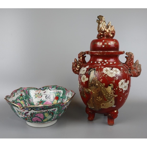 66 - Red Oriental pot with lid & Famille Vert Oriental bowl