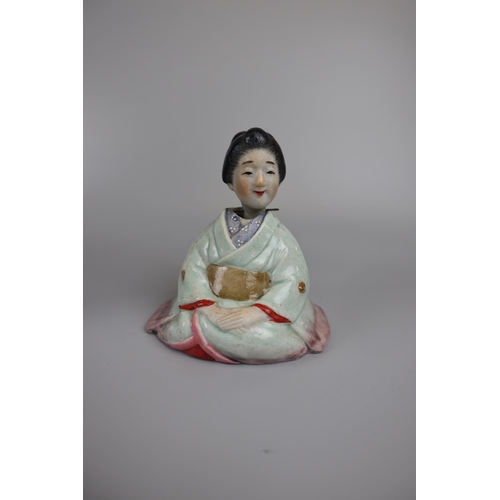 81 - Wobbly head ceramic Geisha girl, mini mother of pearl inlaid screen and early blue & white bowl