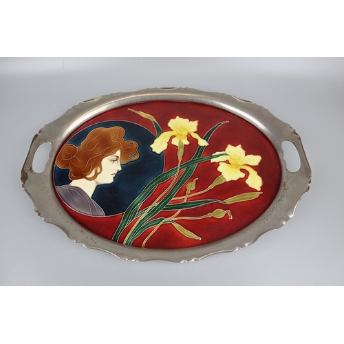 98 - Porcelain, enamel and silver plate metal Art Nouveau serving tray