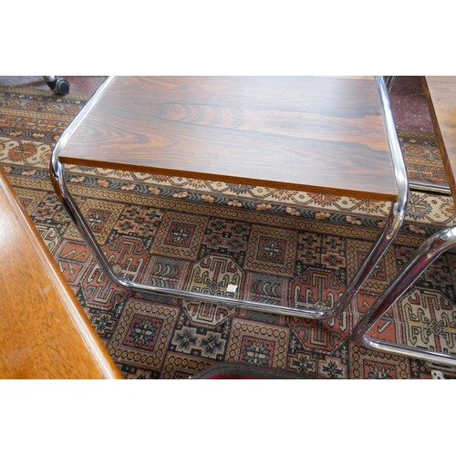 416 - Retro rosewood and chrome nest of 3 tables - Approx. L:102cm W:50cm H:38cm