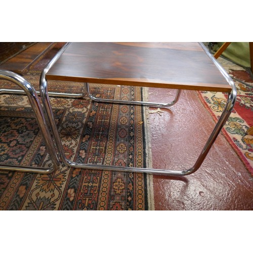 416 - Retro rosewood and chrome nest of 3 tables - Approx. L:102cm W:50cm H:38cm