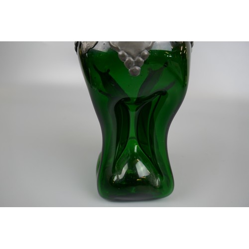 68 - Danish Holmegaard green glass decanter and another, both with pewter overlay