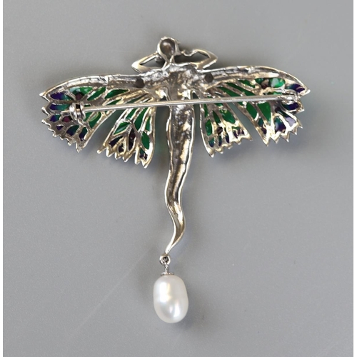 11 - Silver enamel, ruby & pearl fairy pendant