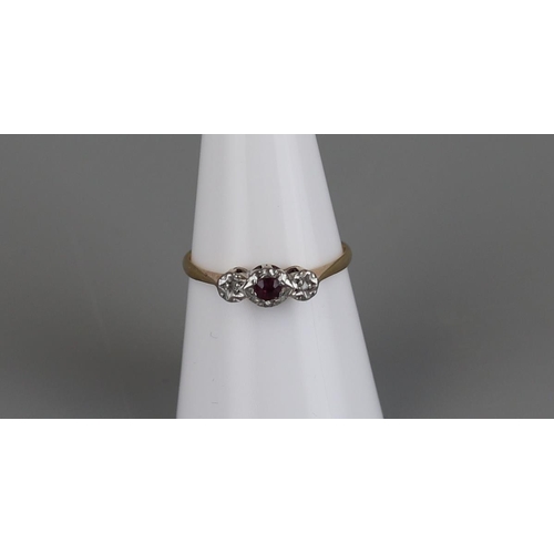 144 - Gold 3 stone ruby and diamond ring - Size O