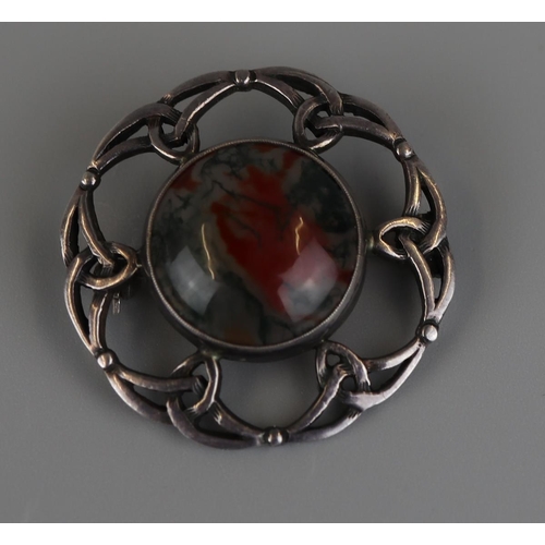 168 - Silver Celtic moss agate brooch