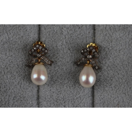 174 - Pair of pearl & diamond bow top earrings