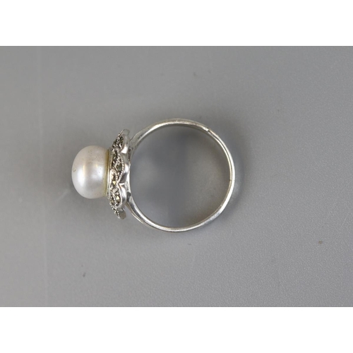 28 - Silver marcasite & pearl ring - Approx size P