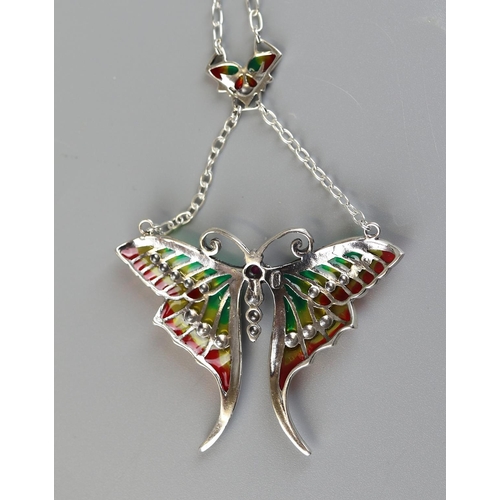 43 - Silver enamel & ruby butterfly pendant & chain