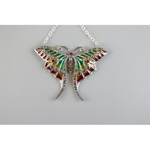 43 - Silver enamel & ruby butterfly pendant & chain