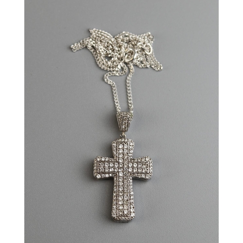 90 - Silver stone set cross on chain - Approx 10g