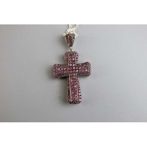 90 - Silver stone set cross on chain - Approx 10g