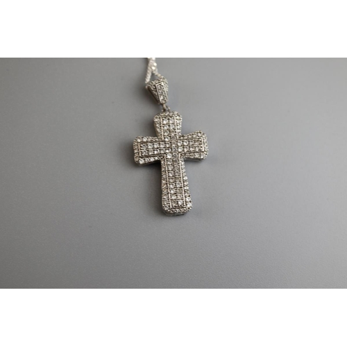 90 - Silver stone set cross on chain - Approx 10g